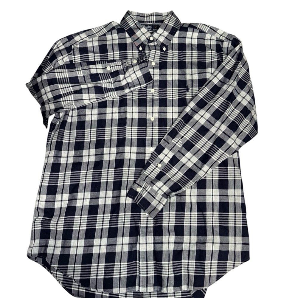 Polo Ralph Lauren Blake Shirt Large Navy Blue White Long Sleeve Plaid Button Up - Picture 2 of 10